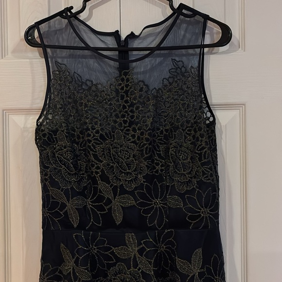 Tahari Navy Sheer Embroidered Fit and Flare mini party dress - Picture 5 of 15